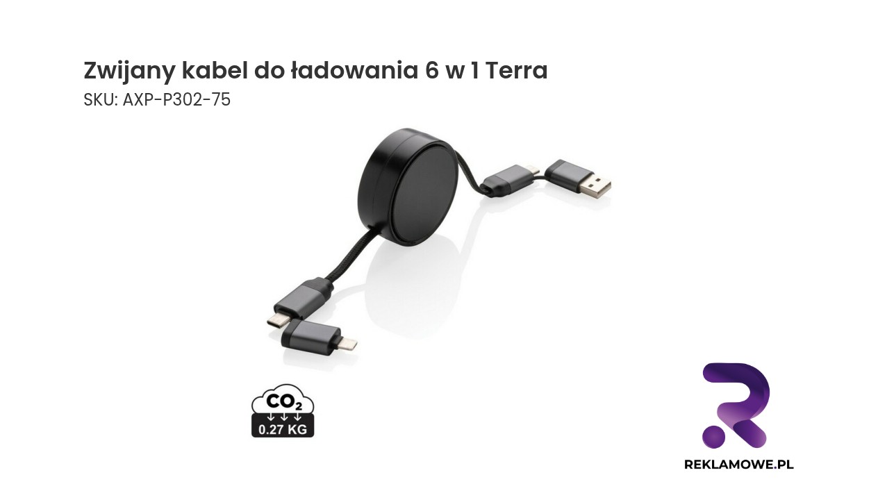 Zwijany kabel do ładowania 6 w 1 Terra Zdjęcie zwijanego kabla do ładowania 6 w 1 marki Terra